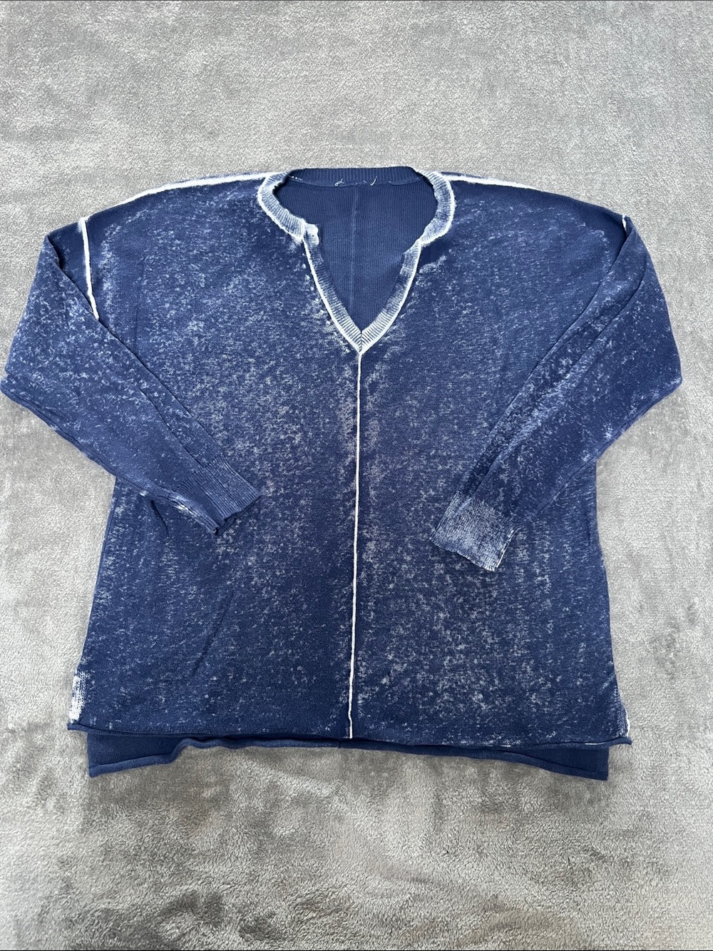 Sundance Distressed Navy V-Neck Sweater with Contrast Trim Cotton